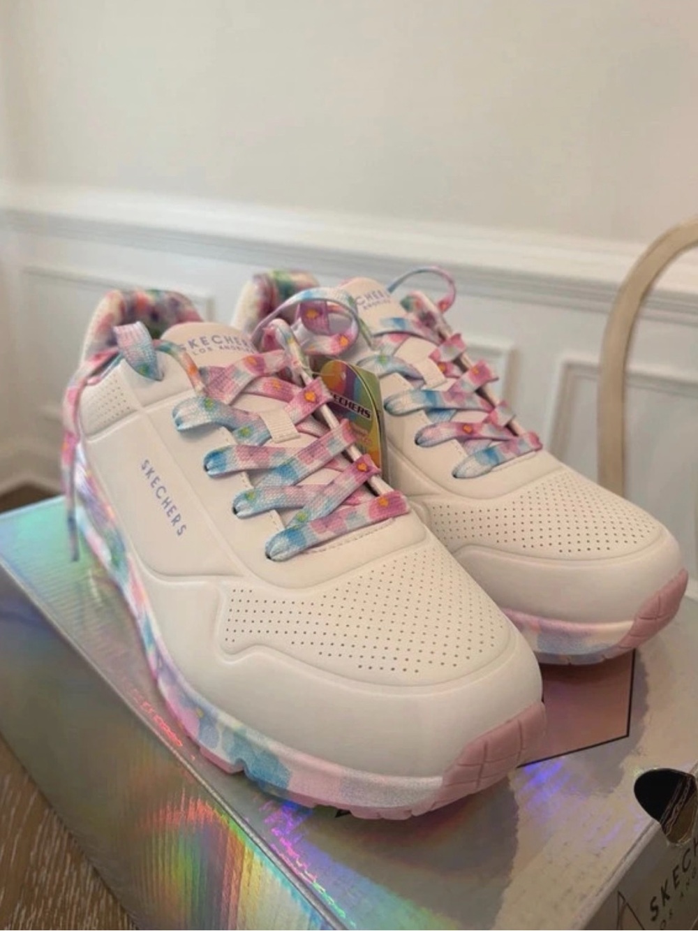 Skechers Kids White Sneakers with Pastel Pink, Blue and Purple Accents, 6